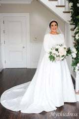 2025 A Line Satin Wedding Dresses Long Sleeves Jewel with Train - MyChicDress