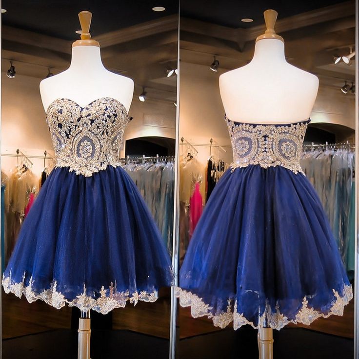 A Line Short Blue Homecoming Dress Lace Graduation Dress with Beaded - MyChicDress