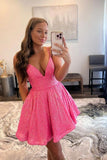 A Line Short Pink Prom Dress Sequin Homecoming Dress V NECK