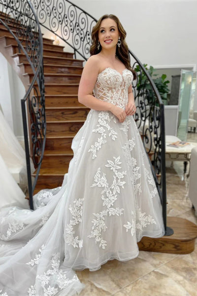 A Line Strapless White Lace Casual Beach Wedding Dress Appliques - MyChicDress