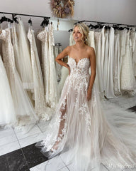 A Line Sweetheart Lace Summer Wedding Dresses Boho Tulle with slit - MyChicDress