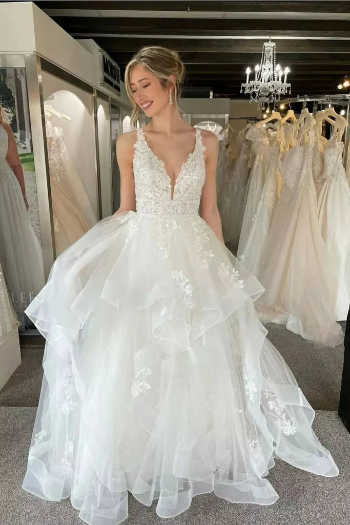 A Line Beach Tiered Ruffles Wedding Dress Lace Basque waist V Neck Tulle US2 / White A Line Beach Tiered Ruffles Wedding Dress Lace Basque waist V Neck Tulle US2 / White