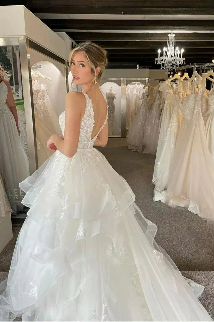 A Line Beach Tiered Ruffles Wedding Dress Lace Appliques V Neck Tulle - MyChicDress