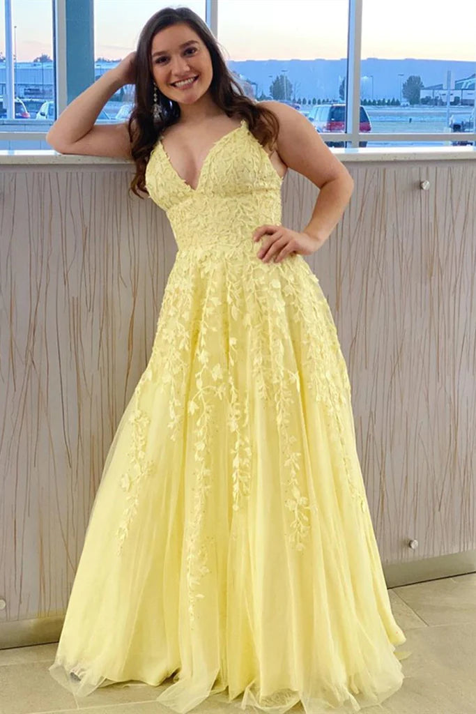 A Line Yellow Long Prom Dresses Lace Formal Evening Dress UK - MyChicDress