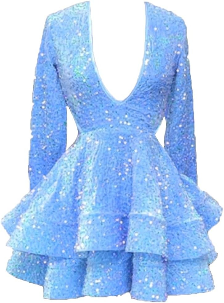 A Line Pink Cocktail Dresses 2025 Long Sleeve Sequin Homecoming Dresses V Neck - MyChicDress