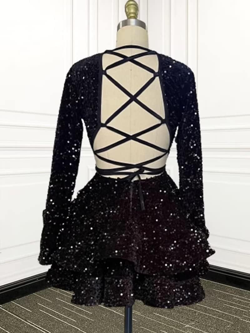 A Line Pink Cocktail Dresses 2025 Long Sleeve Sequin Homecoming Dresses V Neck - MyChicDress