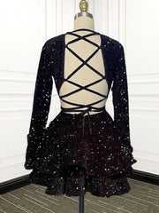 A Line Pink Cocktail Dresses 2025 Long Sleeve Sequin Homecoming Dresses V Neck - MyChicDress