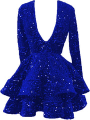 A Line Pink Cocktail Dresses 2025 Long Sleeve Sequin Homecoming Dresses V Neck - MyChicDress