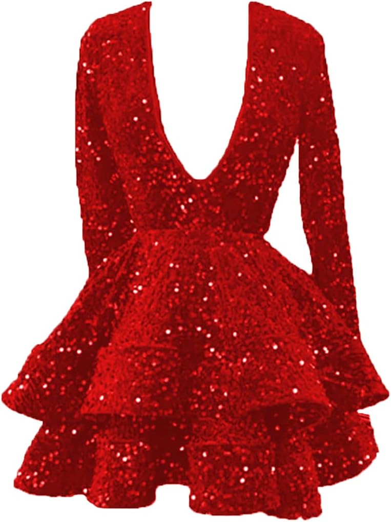 A Line Pink Cocktail Dresses 2025 Long Sleeve Sequin Homecoming Dresses V Neck - MyChicDress