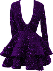 A Line Pink Cocktail Dresses 2025 Long Sleeve Sequin Homecoming Dresses V Neck - MyChicDress