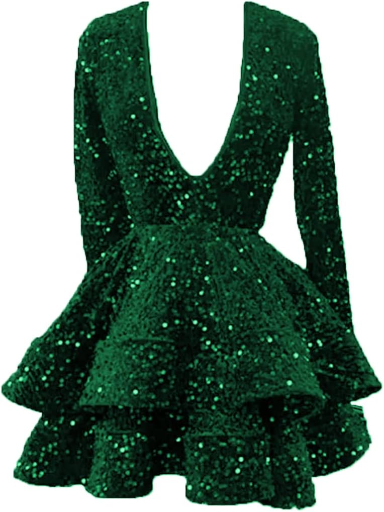 A Line Pink Cocktail Dresses 2025 Long Sleeve Sequin Homecoming Dresses V Neck - MyChicDress