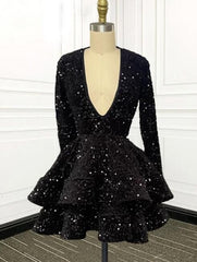 A Line Pink Cocktail Dresses 2025 Long Sleeve Sequin Homecoming Dresses V Neck - MyChicDress