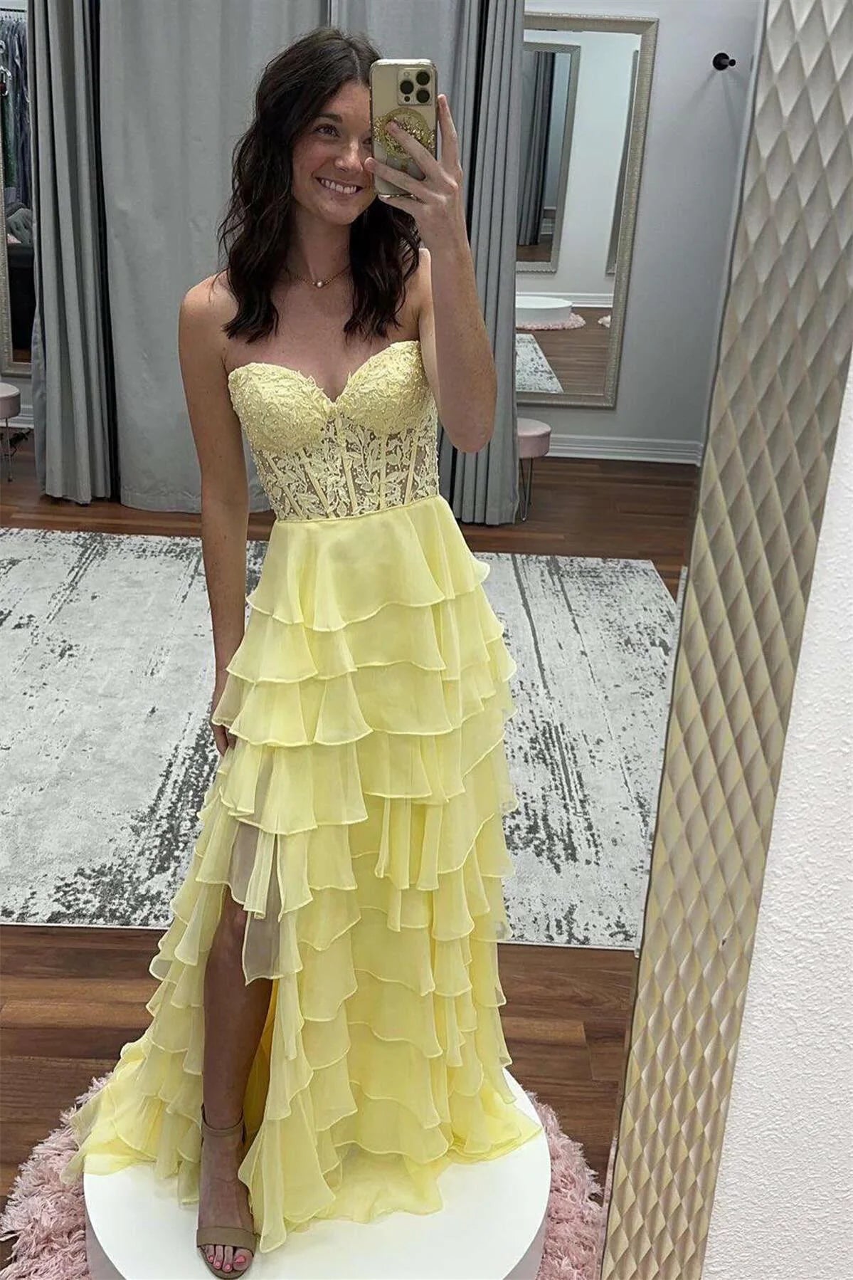 A Line Ruffles Yellow Tiered Formal Dress Sweetheart Appliques - MyChicDress