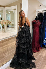 A Line Straps Sequin Layered Black Corset Formal Dress with Slit - MyChicDress
