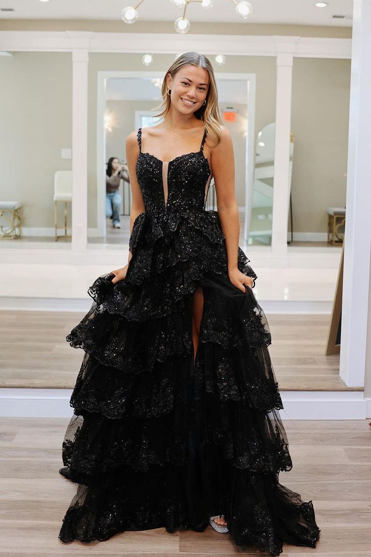 A Line Straps Sequin Layered Black Corset Formal Dress with Slit - MyChicDress