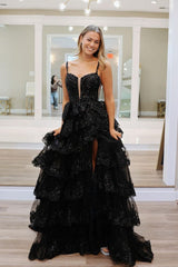 A Line Straps Sequin Layered Black Corset Formal Dress with Slit - MyChicDress