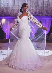 African Lace Wedding Dresses with Sleeves Long Mermaid Bridal Gown