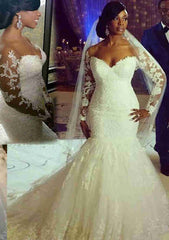 African Lace Wedding Dresses with Sleeves Long Mermaid Bridal Gown