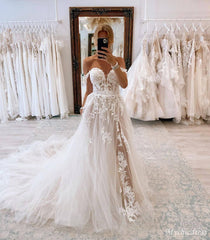 A line Beach Lace Casual Wedding Dresses Off the Shoulder Tulle with Slit