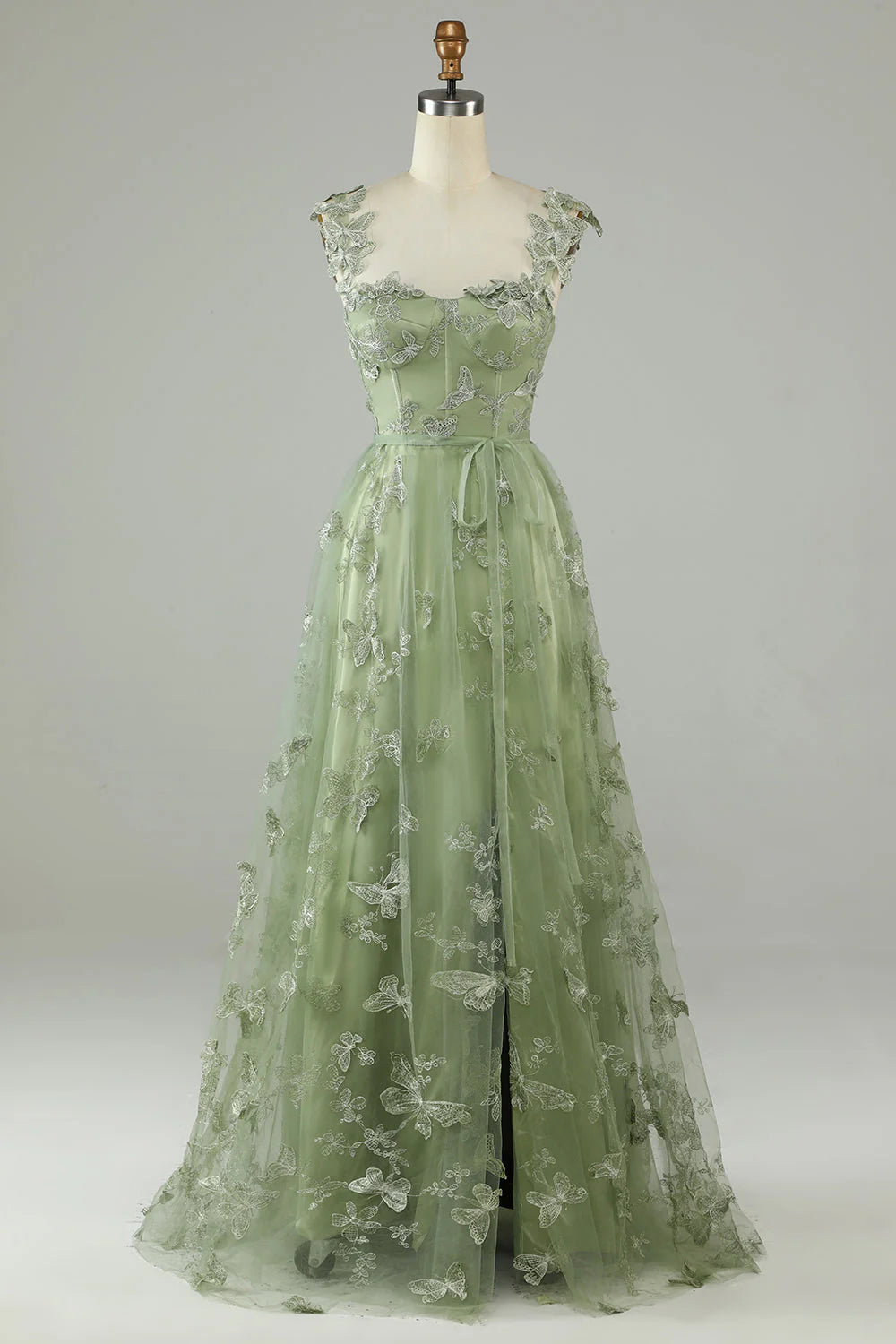 A line Corset Sage Green Long Formal Dresses 3D Butterflies - MyChicDress