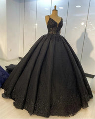 Princess Ball Gown Spaghetti Straps Beaded Black Wedding Dresses