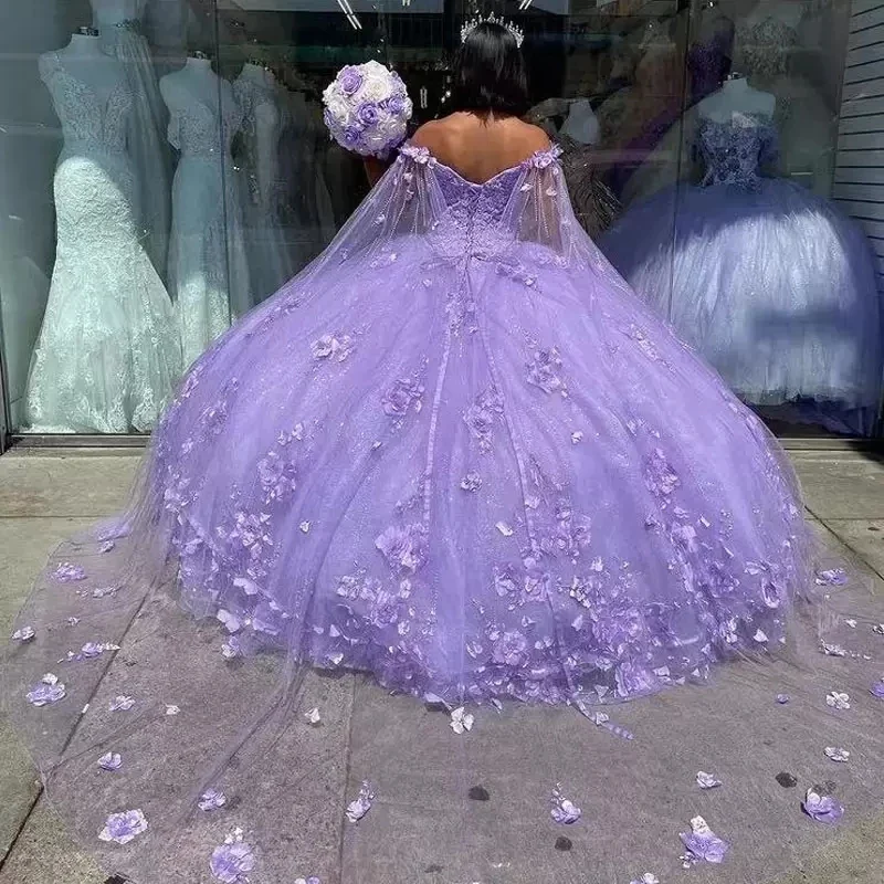Ball Gown 2025 Quinceanera Dresses Purple With Cape 3D Flowers Tulle Sweetheart - MyChicDress