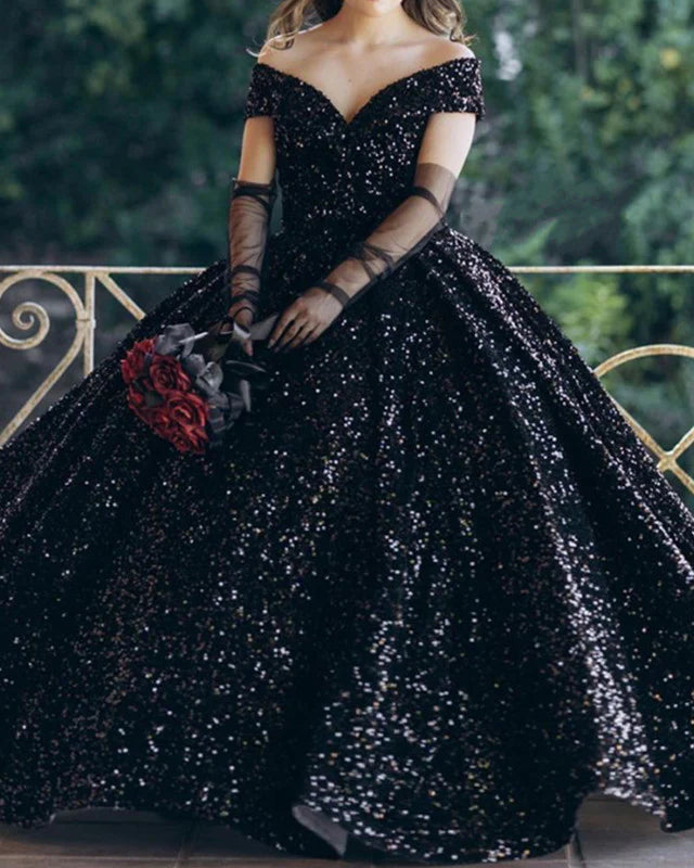 black glitter wedding dress Black Glitter Illusion Corset Straps A-line Split Tulle Wedding Dress