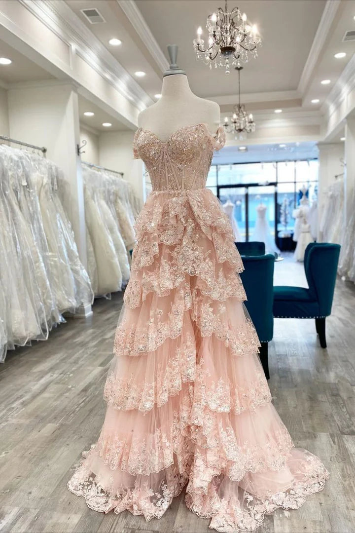 Ball Gown Corset Layered Hot Pink Prom Dresses Sweetheart Sequin