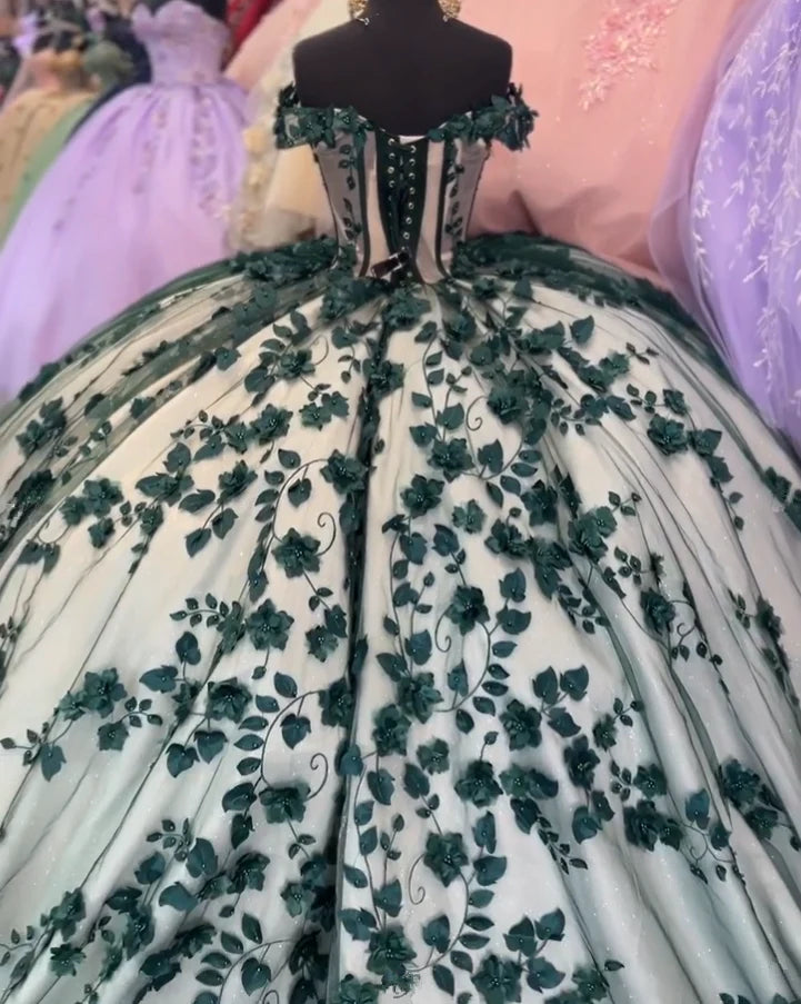 Ball Gown Emerald Green XV Floral Quinceanera Dresses