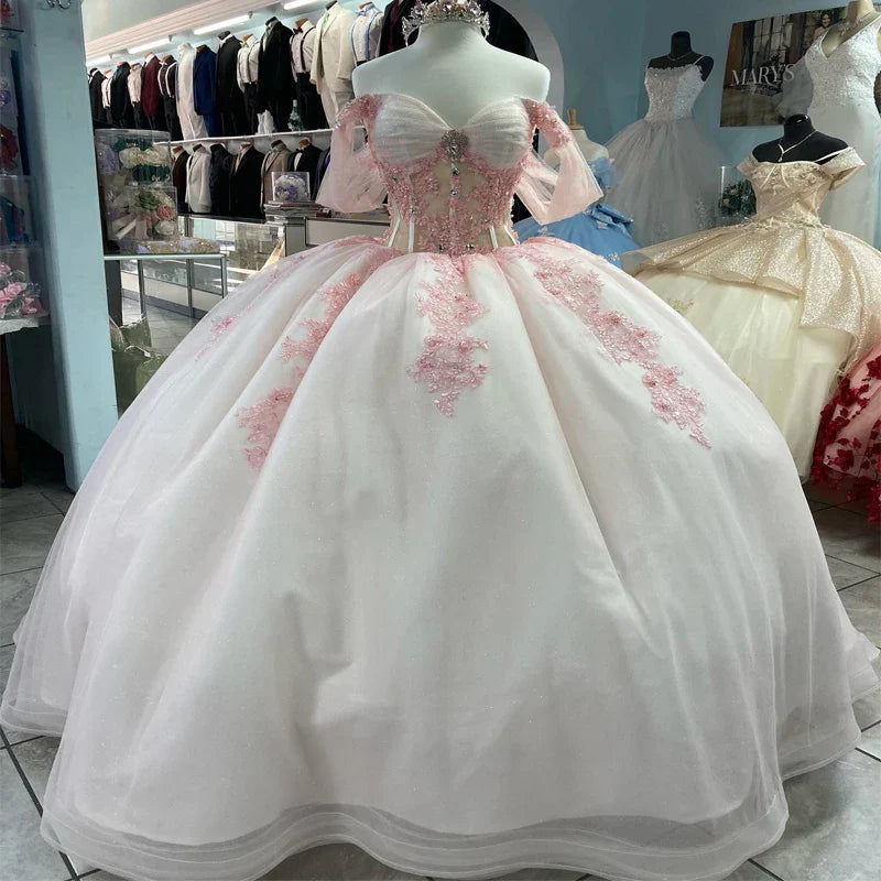 Ball-Gown Off-the-Shoulder Quinceanera Dress Light Pink Tulle Appliques - MyChicDress
