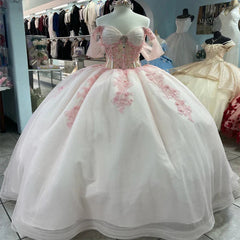 Ball-Gown Off-the-Shoulder Quinceanera Dress Light Pink Tulle Appliques - MyChicDress