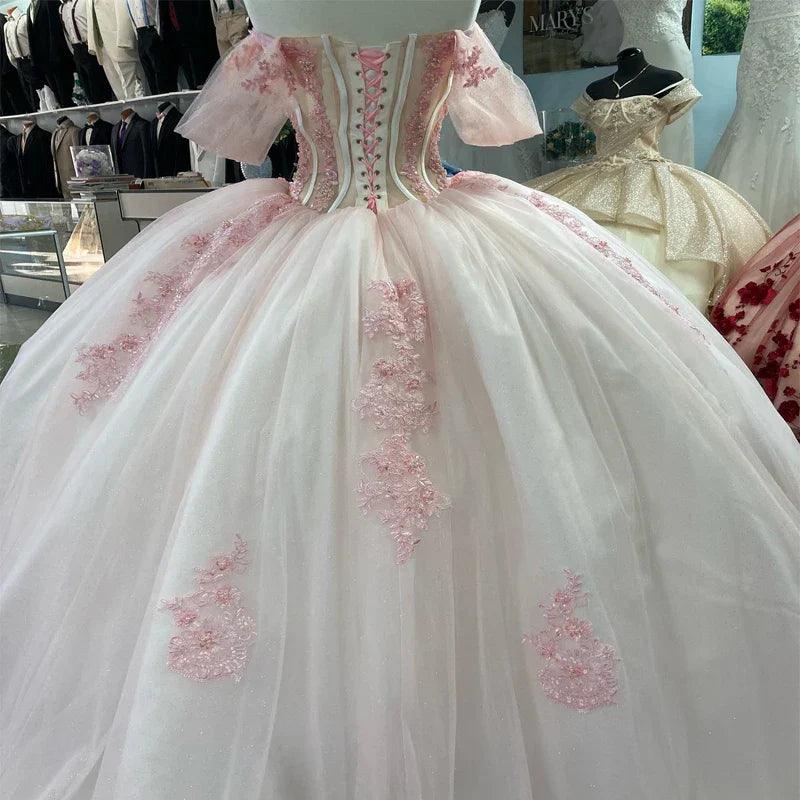 Ball-Gown Off-the-Shoulder Quinceanera Dress Light Pink Tulle Appliques - MyChicDress