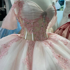 Ball-Gown Off-the-Shoulder Quinceanera Dress Light Pink Tulle Appliques - MyChicDress