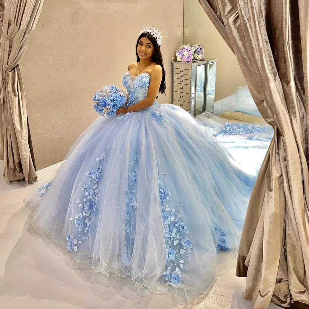 Ball-Gown Sky Blue Quinceanera Dresses 3D Flower Tulle Strapless Sleeveless Mychicdress