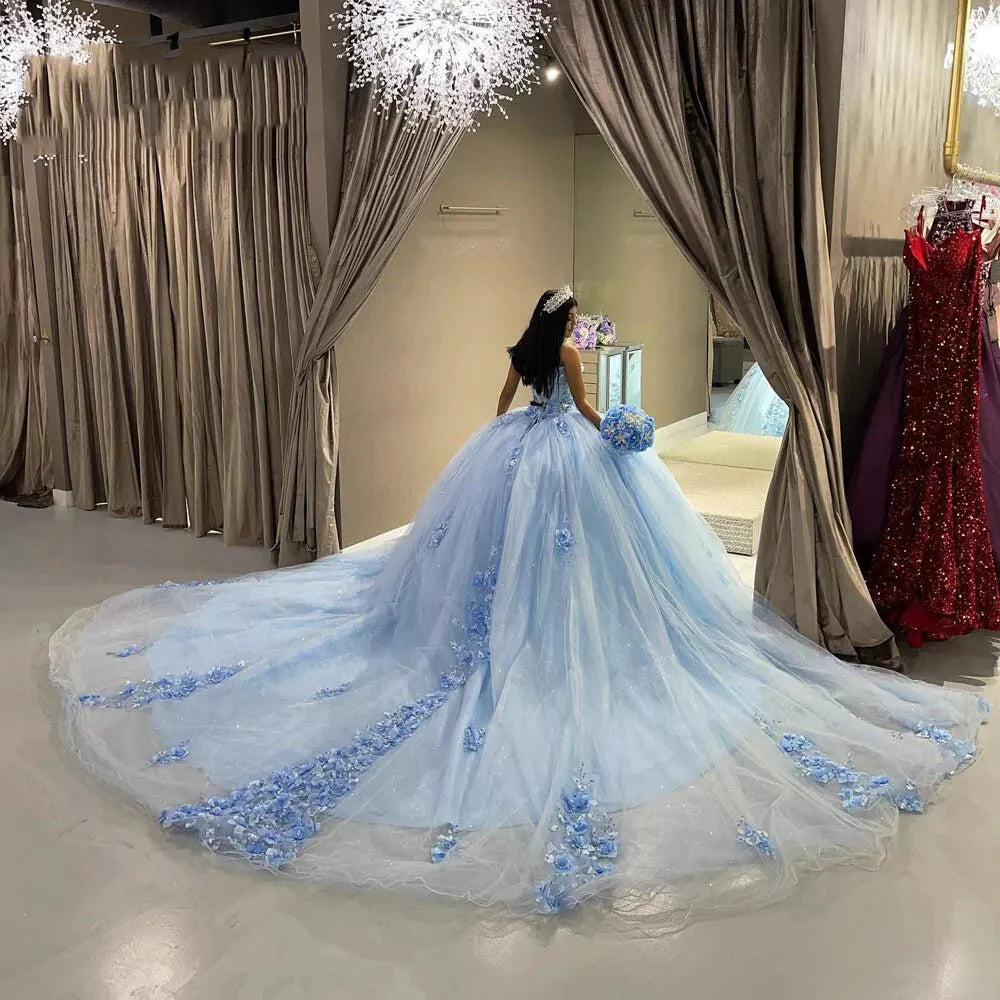 Ball-Gown Sky Blue Quinceanera Dresses 3D Flower Tulle Strapless Sleeveless Mychicdress