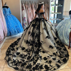 2024 Ball Gown 15 Black Quinceanera Dresses Crystal With 3D Flowers Girl Birthday Dress