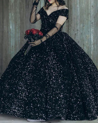 Ball Gown Black Sequin Gothic Wedding Dress Off the Shoulder