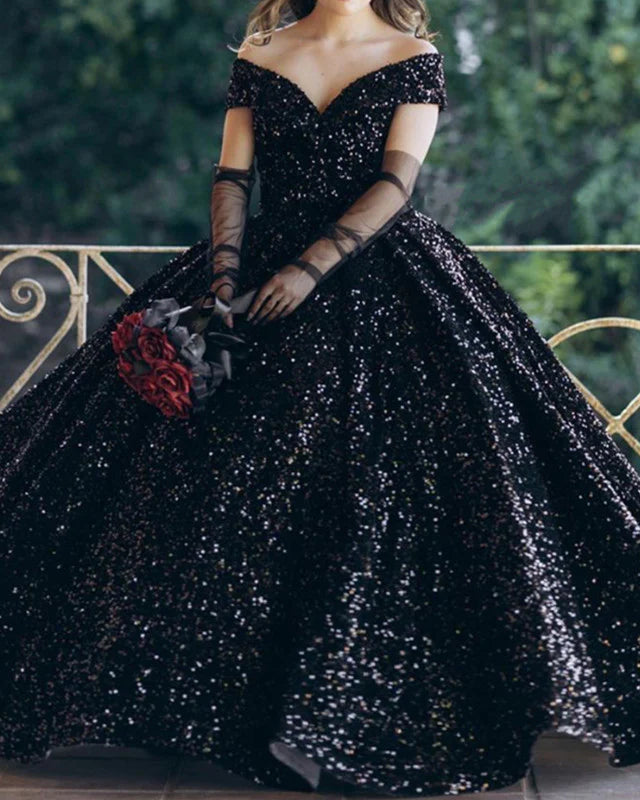 Ball Gown Black Sequin Gothic Wedding Dress Off the Shoulder – MyChicDress