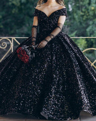 Ball Gown Black Sequin Gothic Wedding Dress Off the Shoulder
