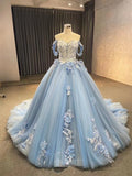 Ball Gown Blue Prom Dresses Lace Tulle Off Shoulder Evening Party Dress