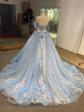 Ball Gown Blue Prom Dresses Lace Tulle Off Shoulder Evening Party Dress