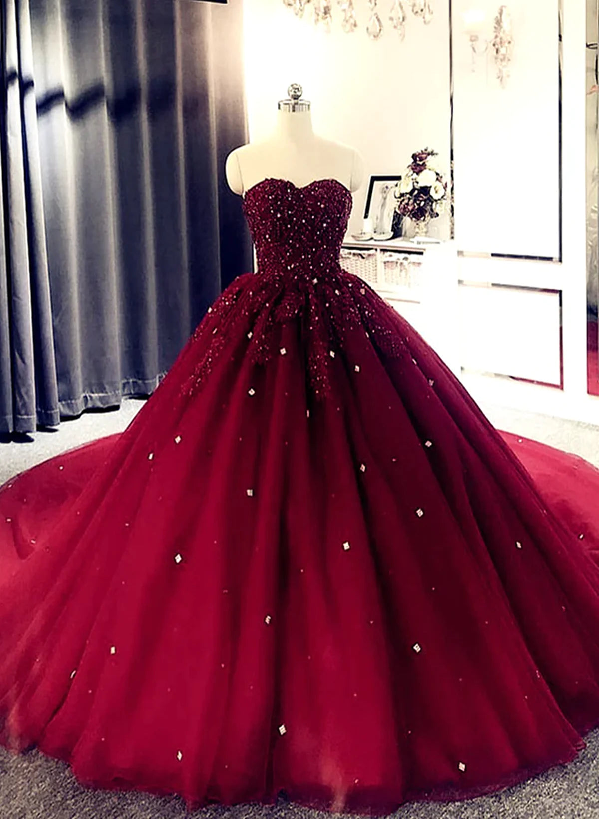 Ball Gown Burgundy Sweetheart Beaded Quince Dresses Sweet 16 Dress - MyChicDress