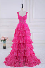 Ball Gown Corset Layered Fuchsia Prom Dresses Sweetheart Sequin