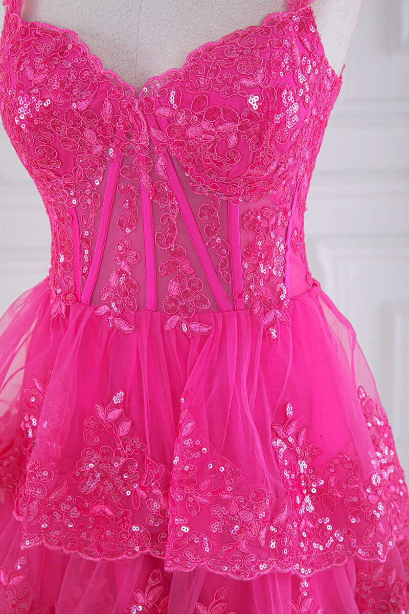 Ball Gown Corset Layered Fuchsia Prom Dresses Sweetheart Sequin - MyChicDress