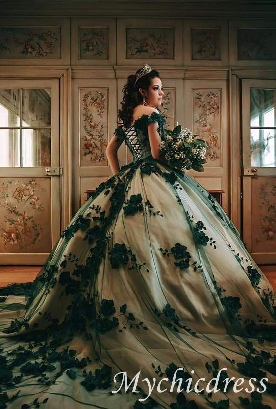 emerald green xv dresses Ball Gown Emerald Green And White Wedding Dress Ball Gown Emerald Green XV Floral Quinceanera Dresses