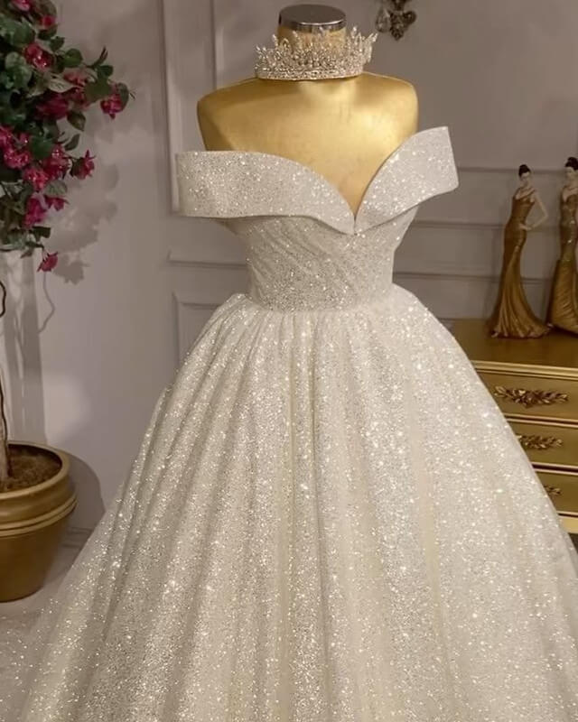 Ball Gown Glitter Ivory Wedding Gown Off Shoulder Sleeveless - MyChicDress