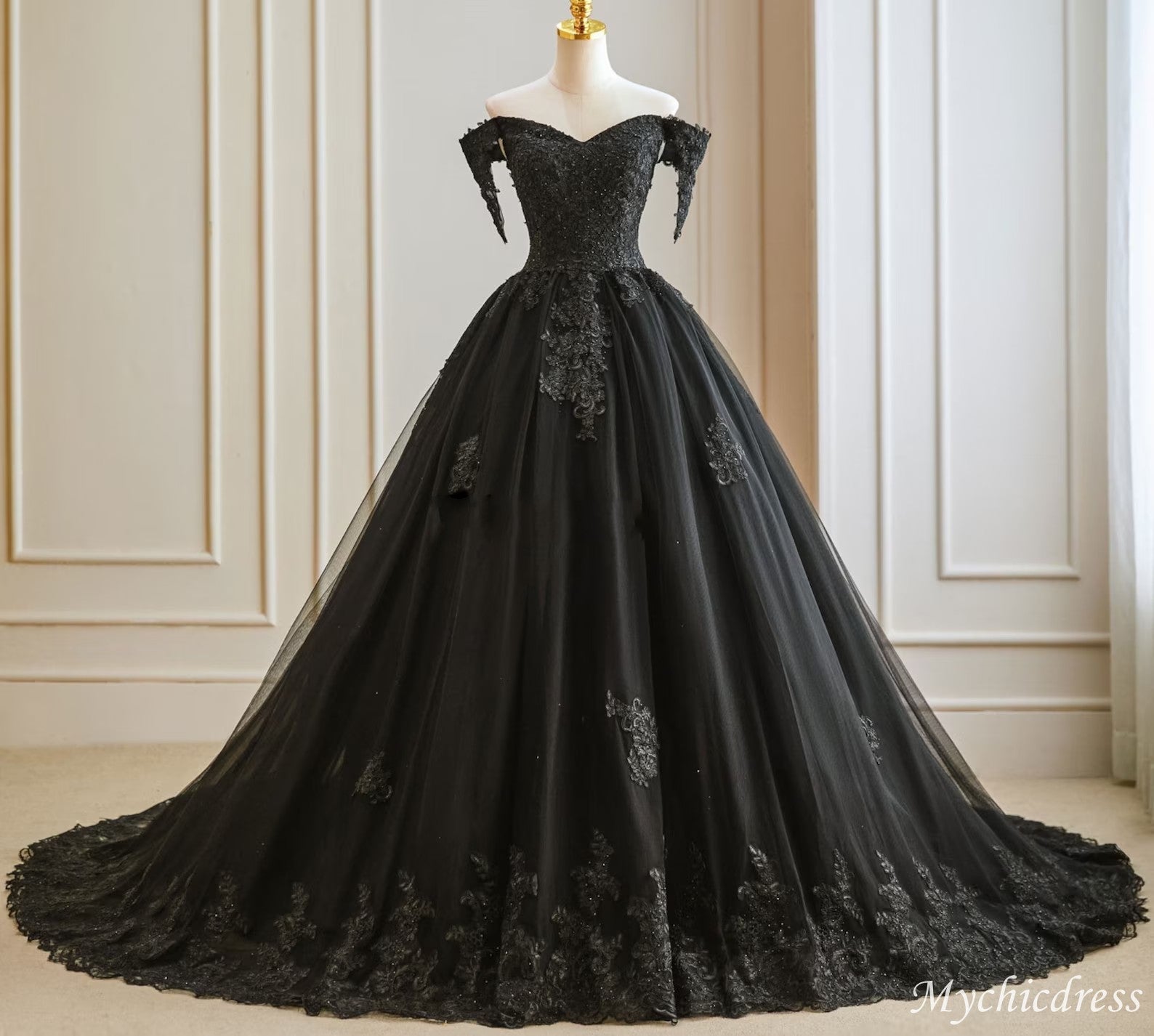 Ball Gown Lace Black Wedding Dress Beaded with Cold Shoulder – MyChicDress