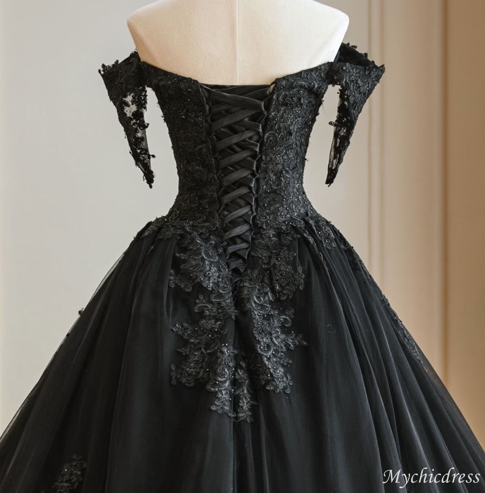 Ball Gown Lace Black Wedding Dress Beaded with Cold Shoulder - MyChicDress