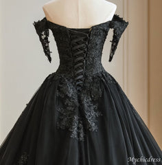 Ball Gown Lace Black Wedding Dress Beaded with Cold Shoulder
