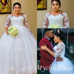 African Ball Gown Long Sleeves Plus Size Lace Wedding Dresses Jewel
